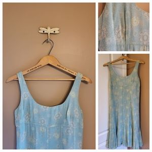 Jacob. Silk sleeveless dress with flutter hem. Dusty blue & chartreuse. 9/10